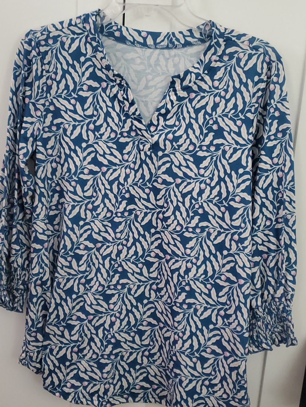 Blue Floral-Print Split-Neck Tunic Top
